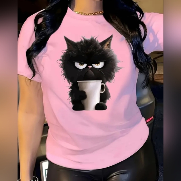 Cat Print Casual T-Shirt, Round Neck - Picture 6 of 6